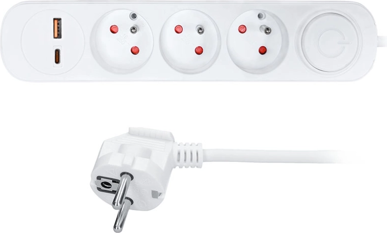 Solight verlengsnoer met 3 stopcontacten, USB-A en USB-C PD 20 W, 2 m, wit, met schakelaar