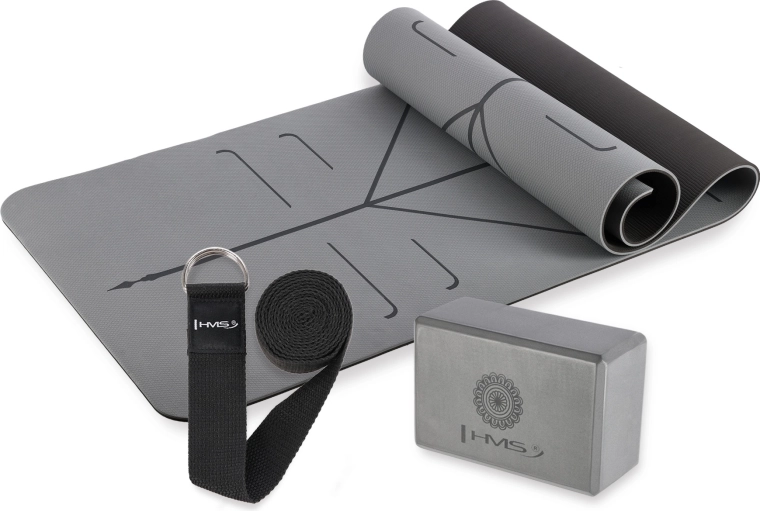 Grijze yogaset HMS – mat, blok en riem