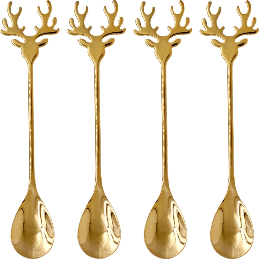 Kersttheelepel met rendier, goud, 14 × 2,5 cm
