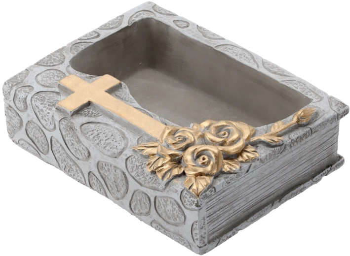 Cementen grafbloempot boek met kruis, grijs-goud 22 × 16,5 × 7,5 cm
