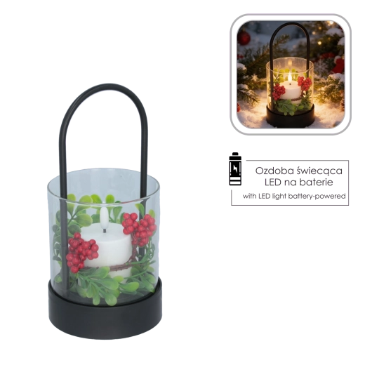 Decoratieve LED-lantaarn met kaars en kerstkrans 21,5 cm - 1 stuk