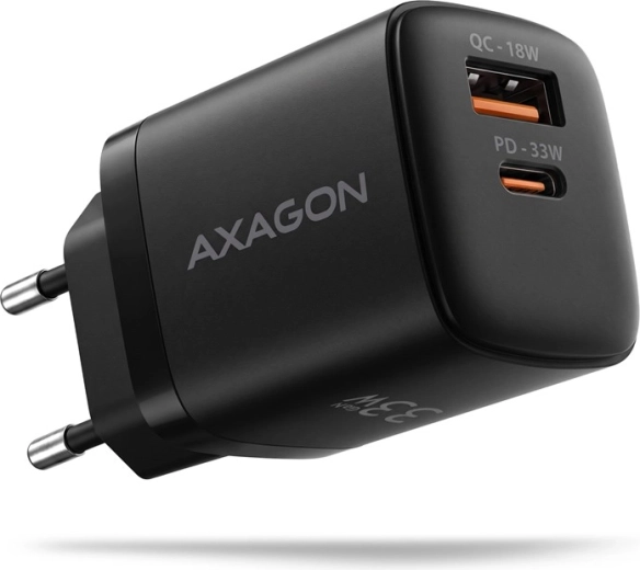 AXAGON GaN-netoplader van 33 W met 2 poorten: USB-C en USB-A, zwart