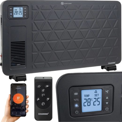 Kaminer Ziflo elektrische convectorkachel 2300 W met Wi‑Fi en afstandsbediening, zwart