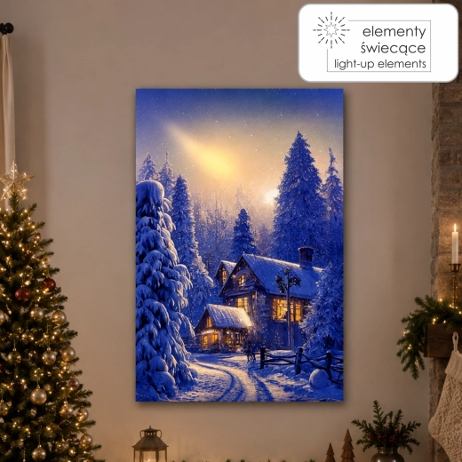 Canvasdoek met LED-verlichting – winterhuis in het bos 40 × 60 × 3,2 cm - 1 stuk