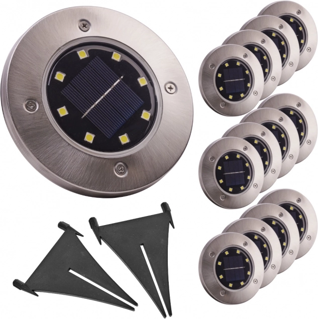 Zonnelampen voor inbouw in de tuin met schemersensor, 8 LED, koud wit, set van 12 stuks