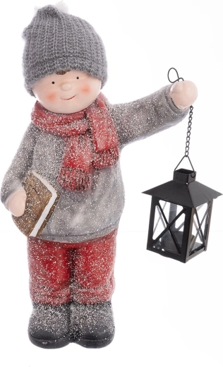 Kerstdecoratie: jongetje met lantaarn van polyresin 39 cm