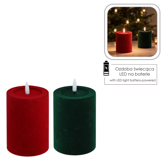 Kerst LED velours kaars 7,5 × 13,5 cm rood/groen - 1 stuk