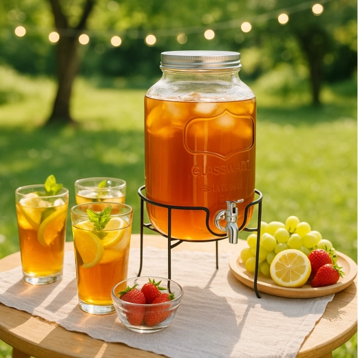 Glazen drankdispenser 4 l met kraantje en metalen deksel op standaard