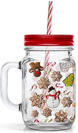 Glas met rietje TORO 450 ml – kerstmotief peperkoekjes