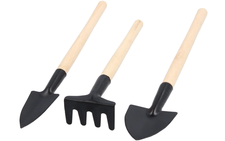 Set tuingereedschap – schepje, planttransplanteerder en handharkje met houten handgreep