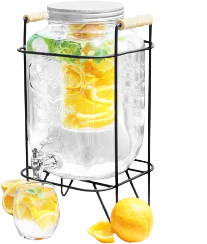 Glazen dranken dispenser 8 l met metalen deksel, kraantje en mand voor fruit of ijs