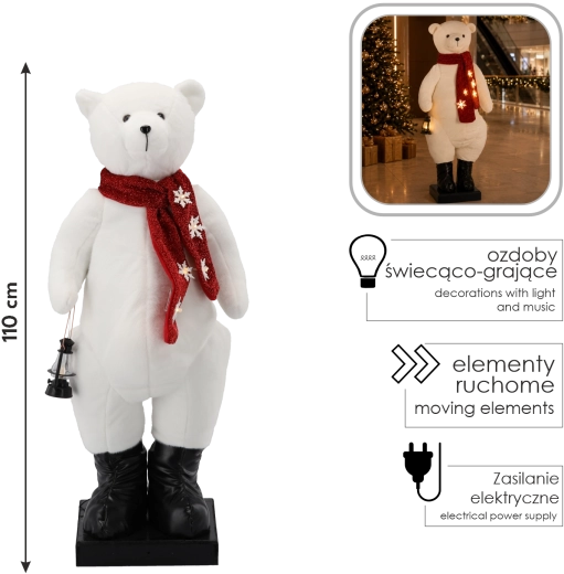 Kerstijsbeer met LED, melodie en beweging, 110 cm