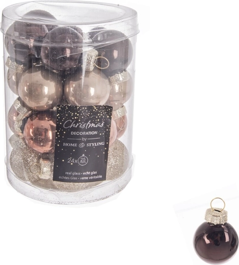 Glazen kerstballetjes bruin 2,5 cm (24 stuks)