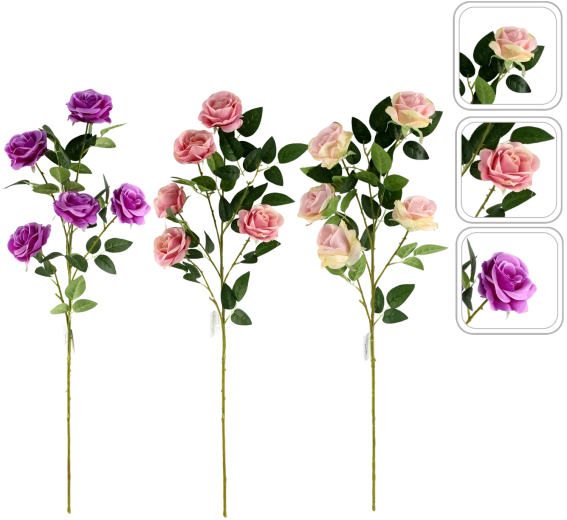 Kunsttak roos met vijf bloemen 92 cm, kleurenmix