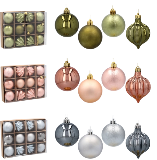 Set kerstballen 6 cm – olijfgroen, koper en grafiet, 12 stuks
