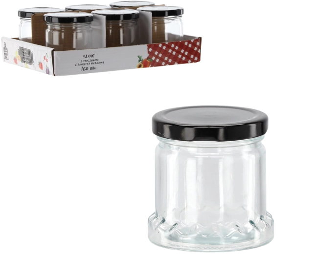 Glazen pot 160 ml met reliëf en zwart metalen deksel