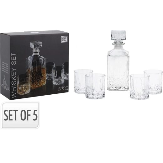 Glazen whiskykaraffen 900 ml met 4 glazen van 230 ml, set van 5 stuks