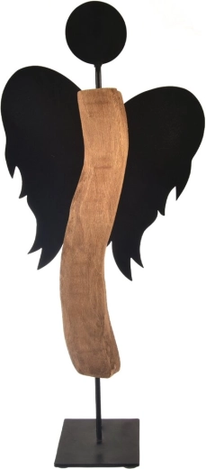 Engel van mangohout en zwart plaatstaal Black, 65 cm