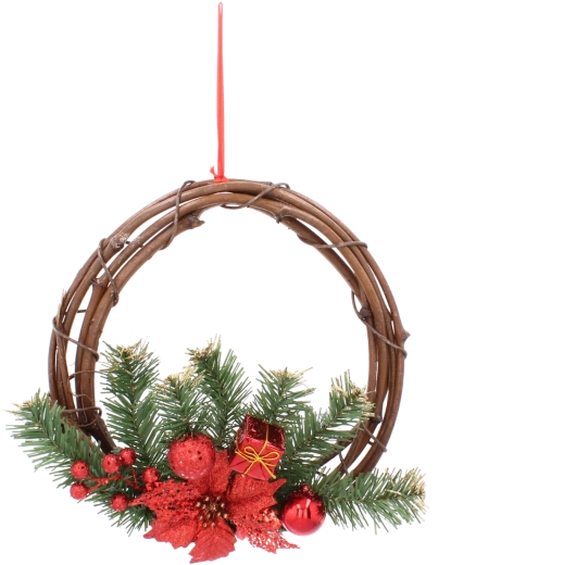 Hangende kerstkrans van rotan 30 cm rood