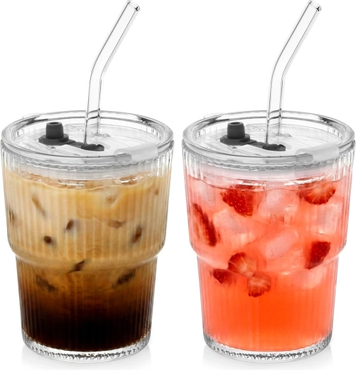 Glazen tumblerglazen met deksel en rietje 340 ml, set van 2 stuks