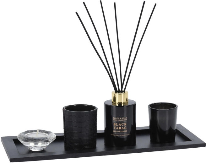 Houder en diffuser van hout en glas, set van 5 delen