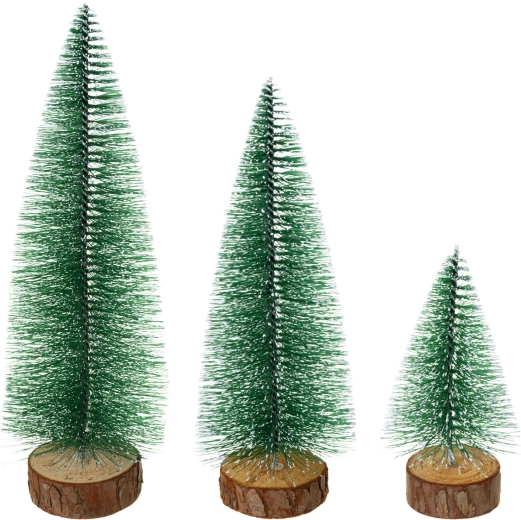 Mini-kerstboompjes Ruhhy – besneeuwde decoratie op houten voet (set van 3 stuks)