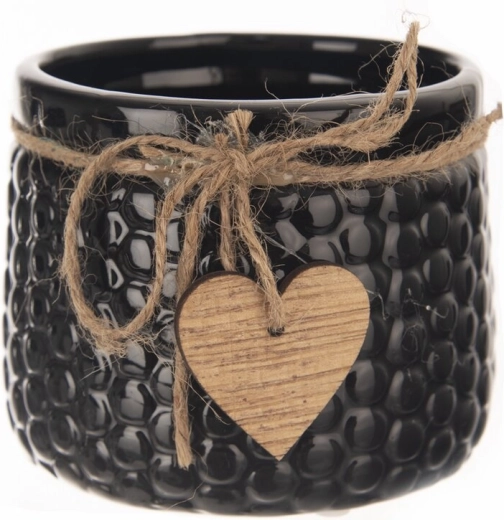 Compacte keramische bloempot met houten element zwart 9 × 9 × 11 cm