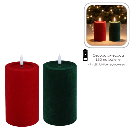 Fluwelen LED-kaars met flakkerende vlam rood/groen 7,5 × 15,5 cm - 1 stuk