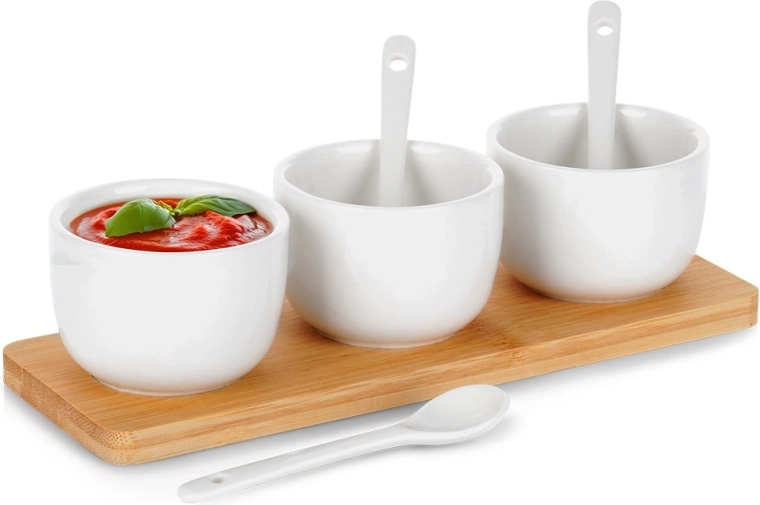 Set keramische schaaltjes met lepeltjes op bamboe dienblad 90 ml, 7-delig