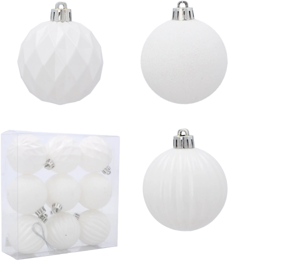 Set van 9 witte kerstballen 6 cm – mat, glanzend en glitter