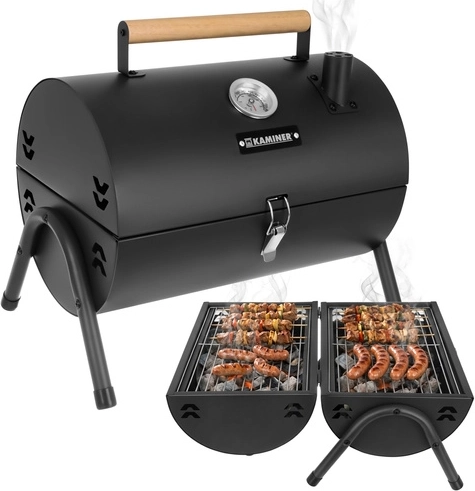 Draagbare tuin-houtskoolbarbecue met deksel en thermometer KAMINER