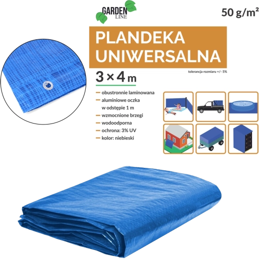 Universeel blauw dekzeil 3 × 4 m, 50 g/m², UV 3%