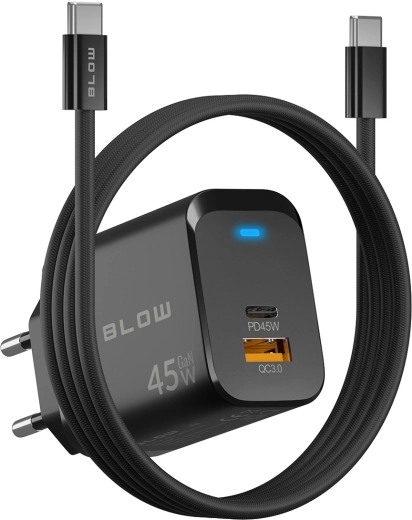 BLOW GaN netlader 45 W (USB-C PD + USB-A QC 3.0) met USB-C–USB-C-kabel