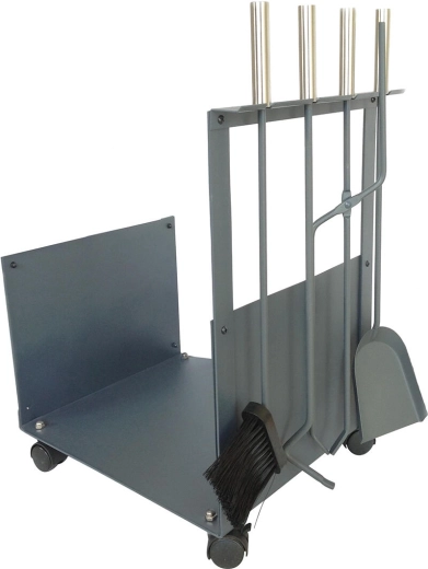 Haardhoutmand met gereedschap 62 cm – staal en hout, grijs, set van 4 delen