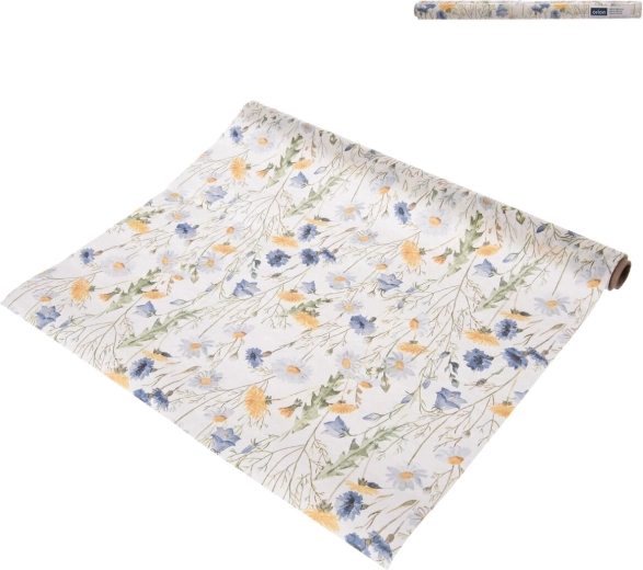 Papieren tafelloper met motief van lentebloemen, blauw, 180 × 40 cm