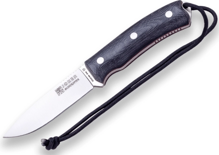 Joker CM120-P Bushcrafter outdoor mes 10,5 cm, zwarte Micarta, leren hoes en vuurstarter
