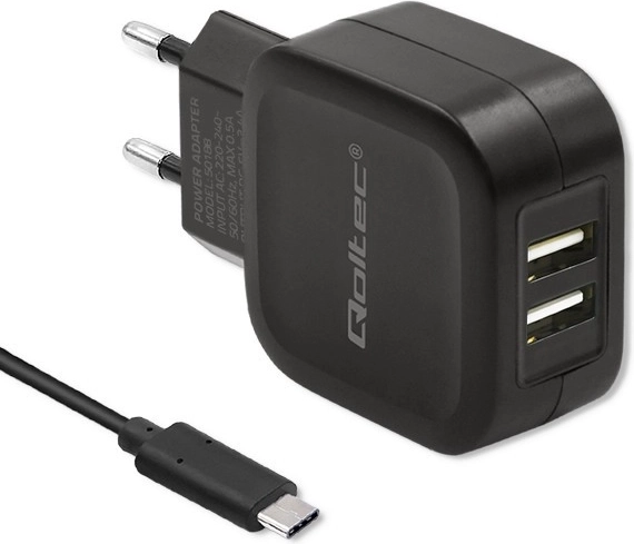 Qoltec duale USB‑lader 17W met USB‑C‑kabel