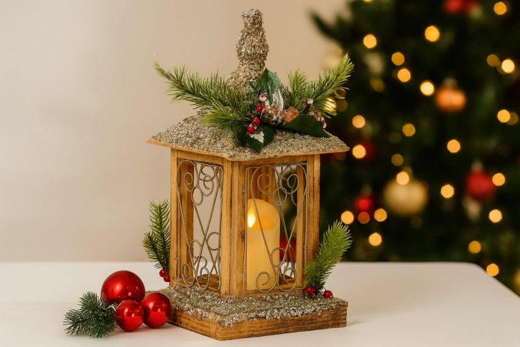 Kerstlantaarn van hout met ledkaars 18 × 18 × 38 cm