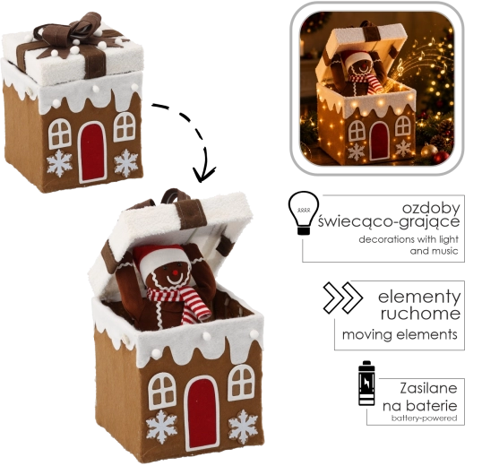 Kerstdecoratie peperkoekmannetje in een cadeau met ledverlichting, melodie en beweging