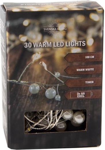 Lichtsnoer met timer, 30 LED-parels, 100 cm, warm wit