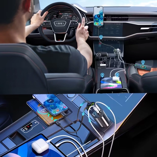 Autolader 4-in-1 met USB‑C en Lightning, uitschuifbare kabel, 100 W snelladen