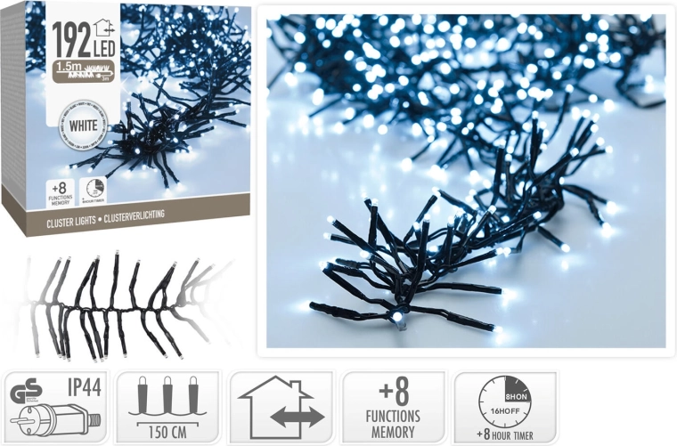 Kerst LED-slinger 1,5 m, 192 LED, koud wit, 8 functies met timer