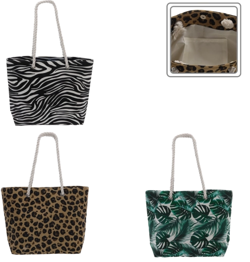 Strandtas 46 × 33 cm met natuurlijke prints en touwhandvatten