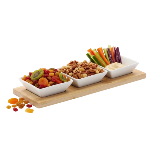 Elegante set van porseleinen schaaltjes op bamboeserveerplank 28 × 10 × 3 cm