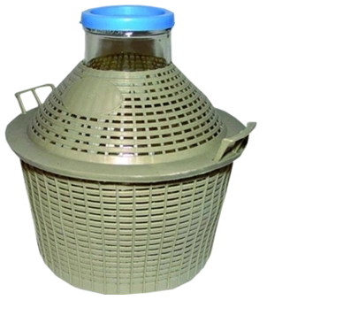 Glazen mandfles 10 l met brede hals en kunststof korf