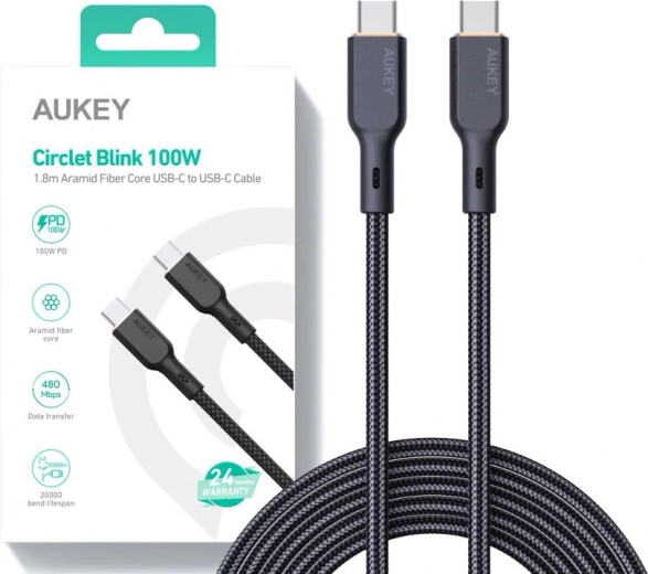 Zwarte USB‑C naar USB‑C kabel 1,8 m met 100W vermogen van Aukey