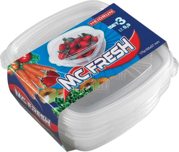 Kunststof vierkante bakjes met deksel HEIDRUN McFresh 0,9 l, set van 3 st.