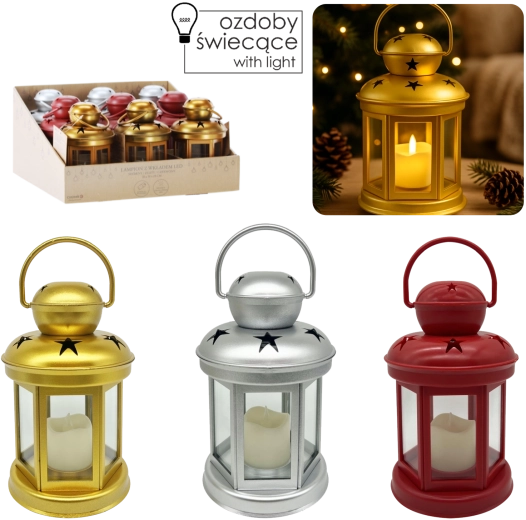 Decoratieve LED-lampion 19 cm – zilver, goud en rood