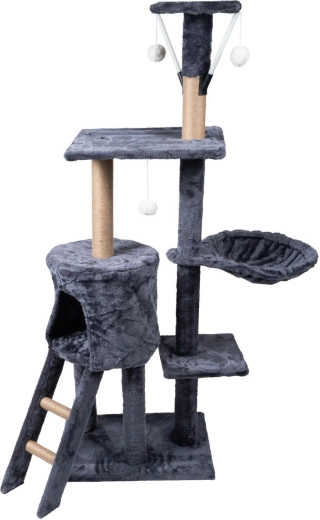 Grafietkleurige kattenkrabpaal met huisje, mandje en trapje – 5 niveaus