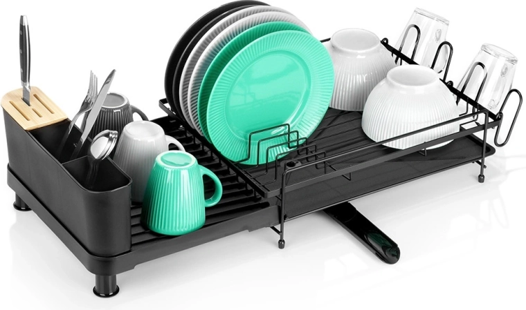 Uitschuifbaar metalen afdruiprek voor vaat, zwart, 48–70 × 32,5 × 18 cm